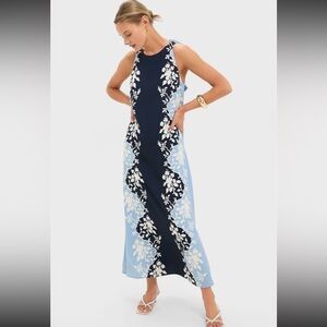 NWT Tuckernuck Maxi Dress Blue Fog Floral Navy Bow Back Sleeveless Large Flaw